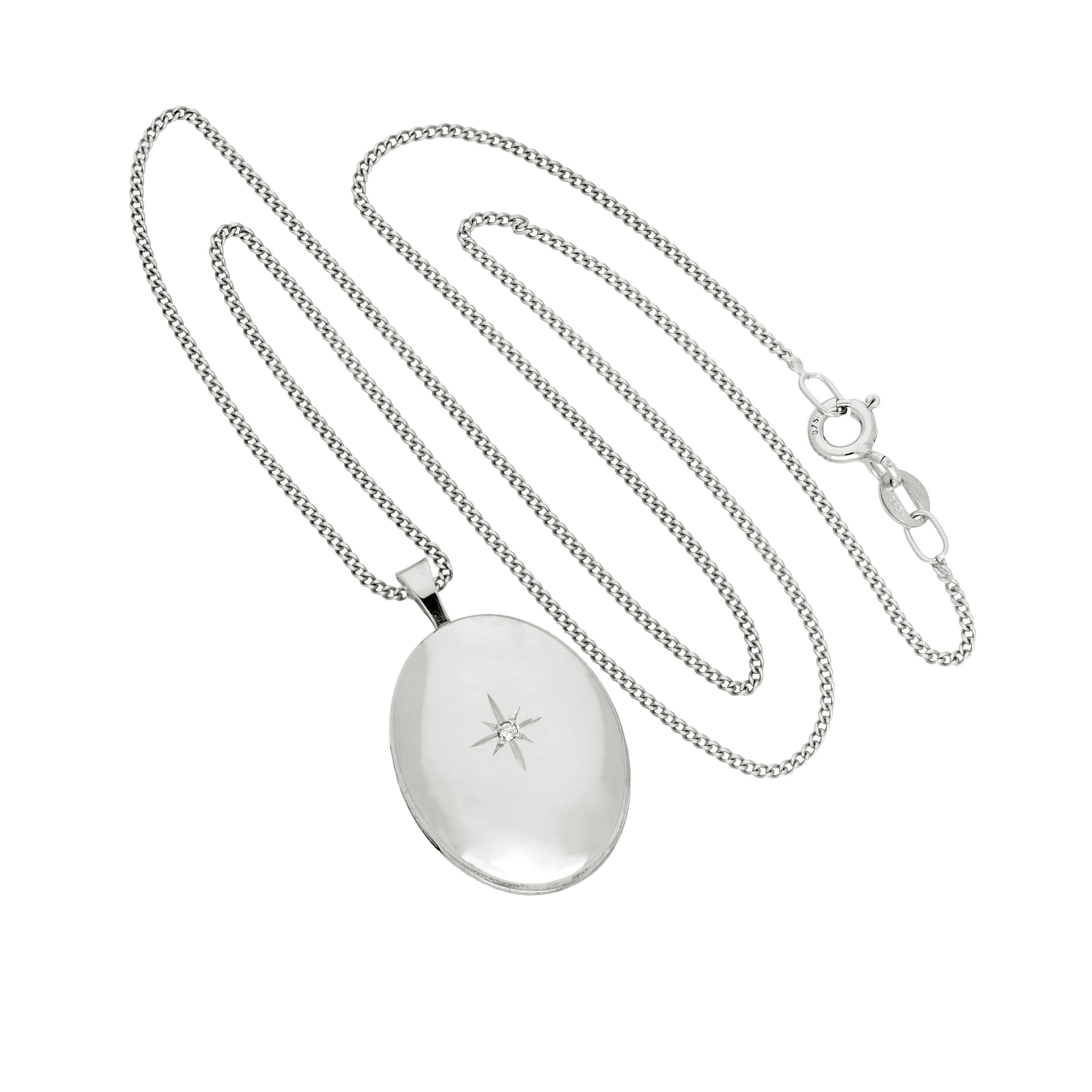 9ct White Gold & Diamond Oval Locket with Shining Star Design 16 - 18 Inches