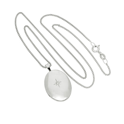 9ct White Gold & Diamond Oval Locket with Shining Star Design 16 - 18 Inches