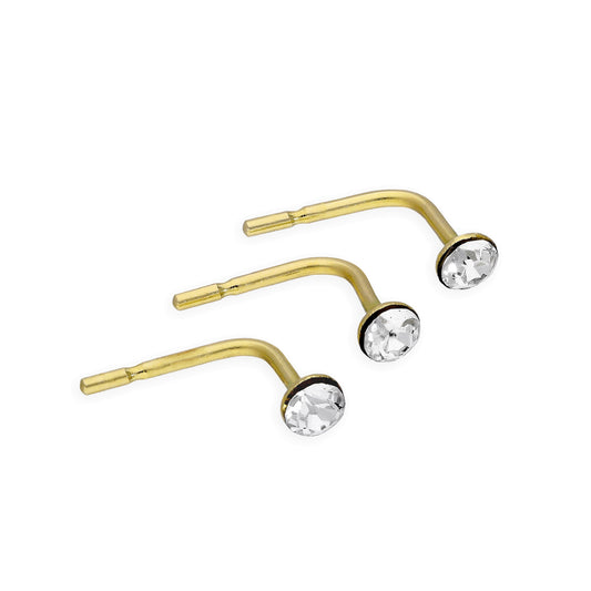 Set of 3 9ct Gold & Clear CZ Crystal 23Ga Nose Studs