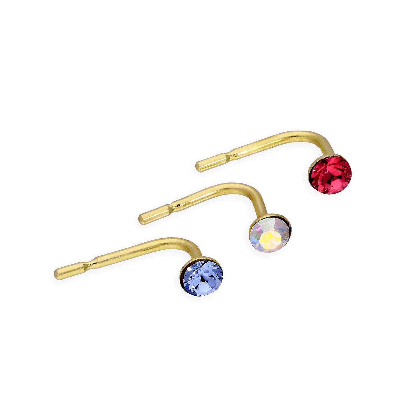 Set of 3 9ct Gold & Coloured CZ Crystal 23Ga Nose Studs Pale Pink Blue Rainbow