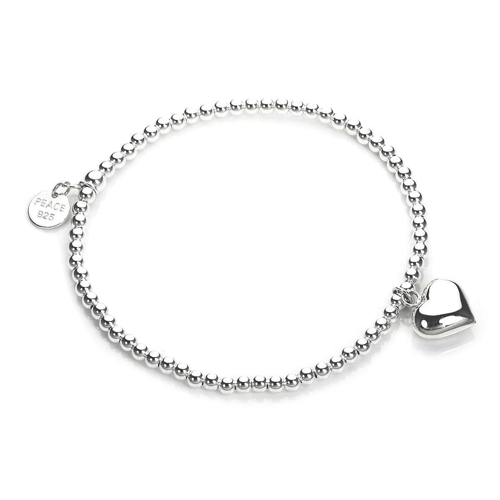 Sterling Silver Stretchy Beaded Heart Charm Bracelet