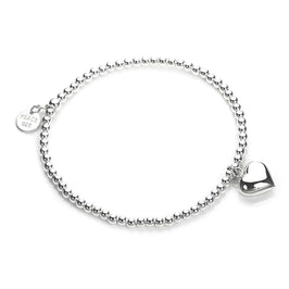 Sterling Silver Stretchy Beaded Heart Charm Bracelet