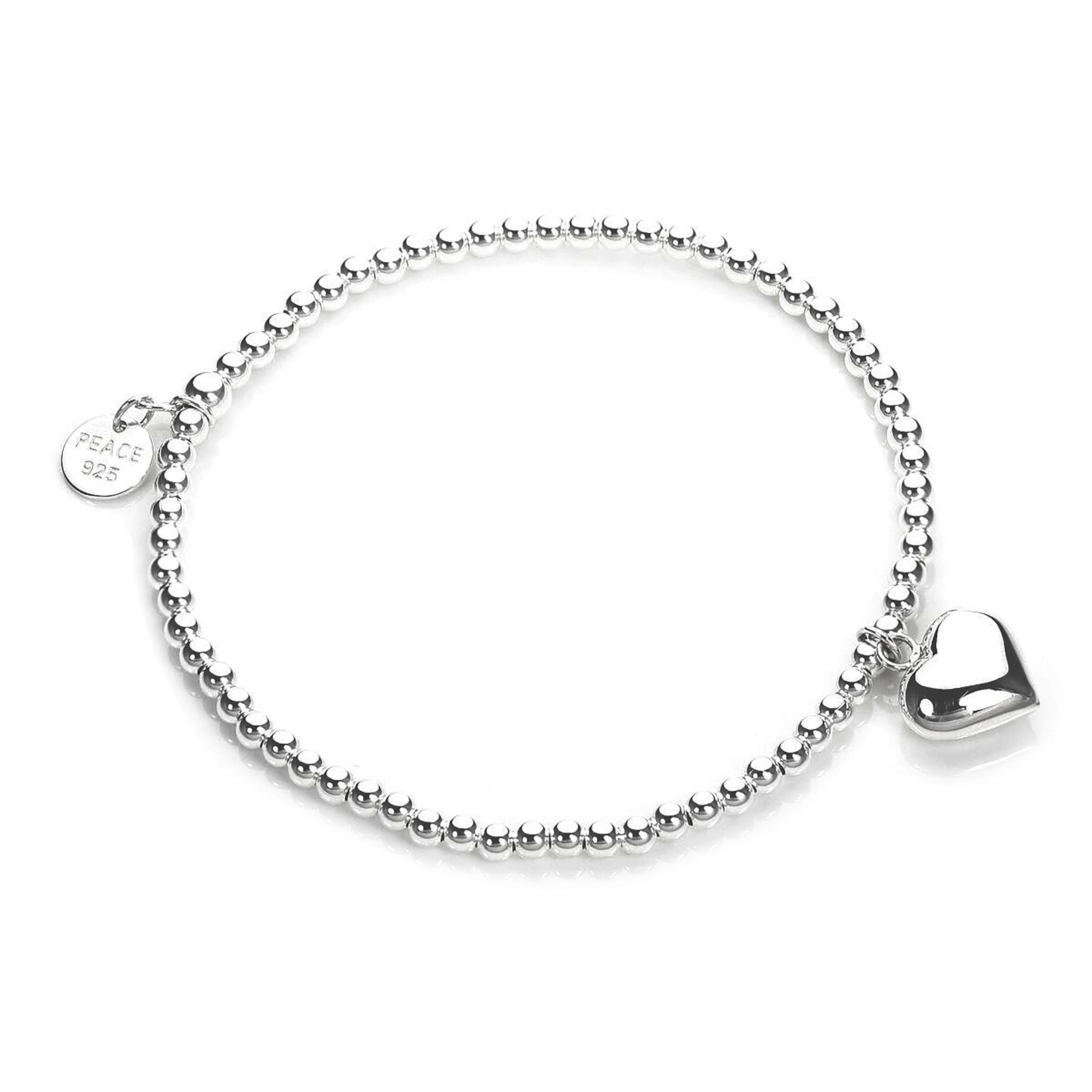 Sterling Silver Stretchy Beaded Heart Charm Bracelet