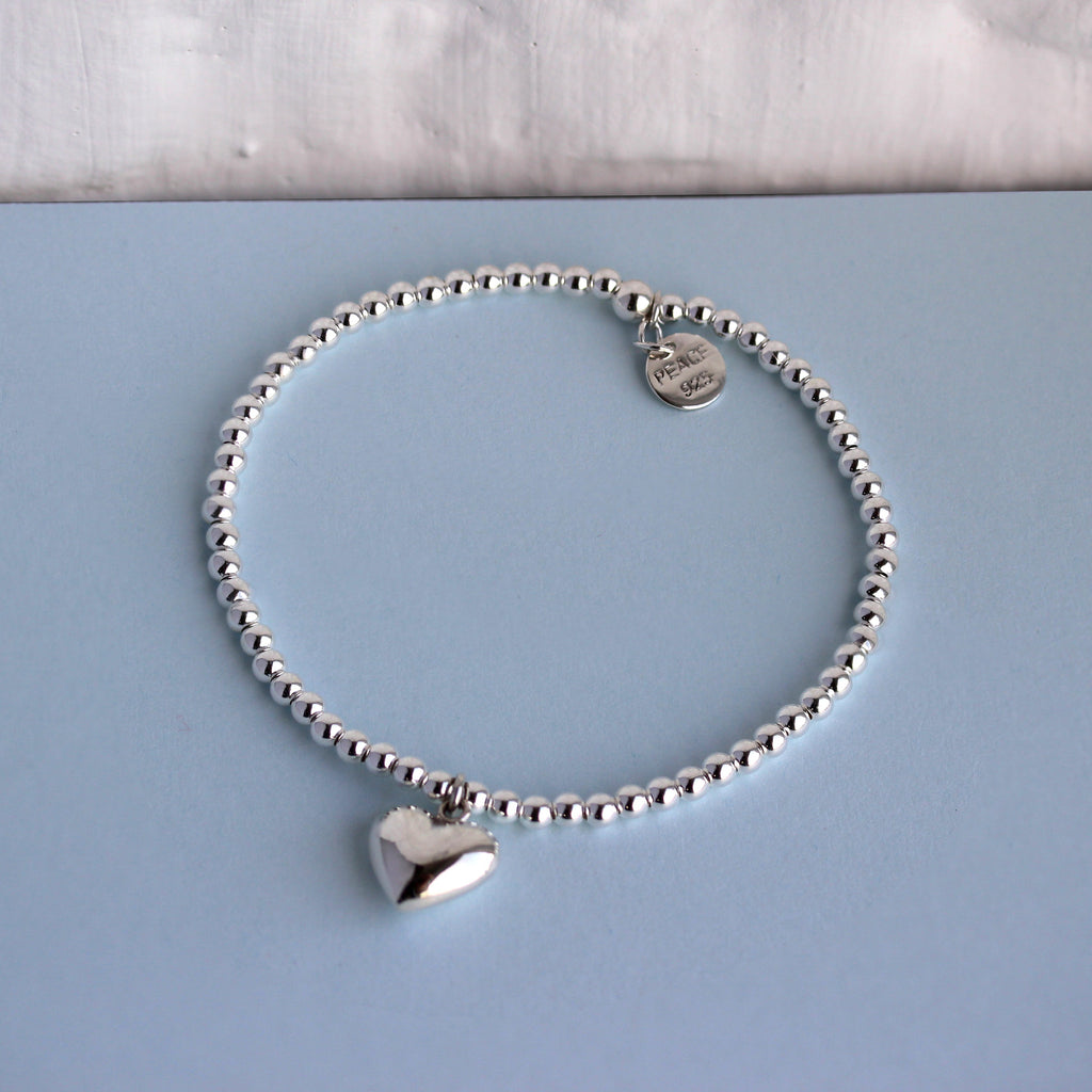 Sterling Silver Stretchy Beaded Heart Charm Bracelet