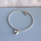 Sterling Silver Stretchy Beaded Heart Charm Bracelet