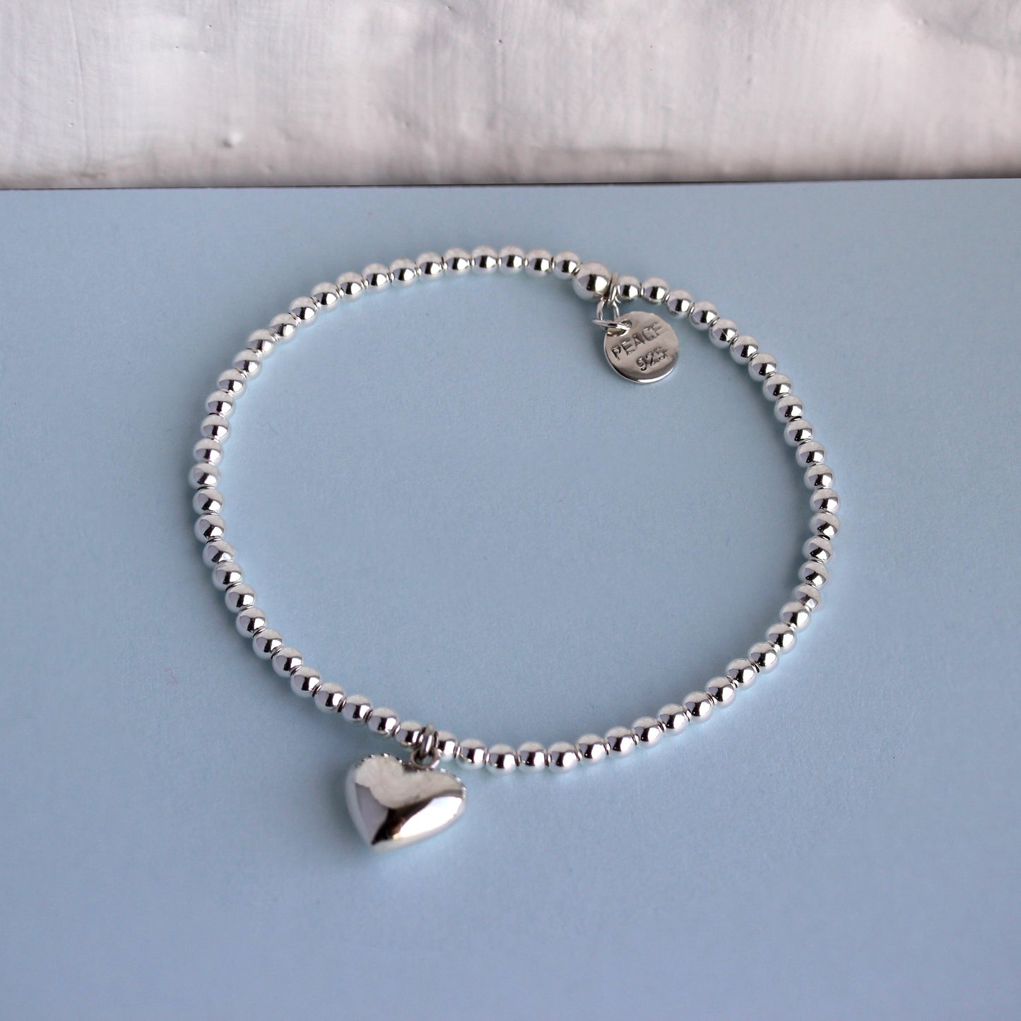 Sterling Silver Stretchy Beaded Heart Charm Bracelet