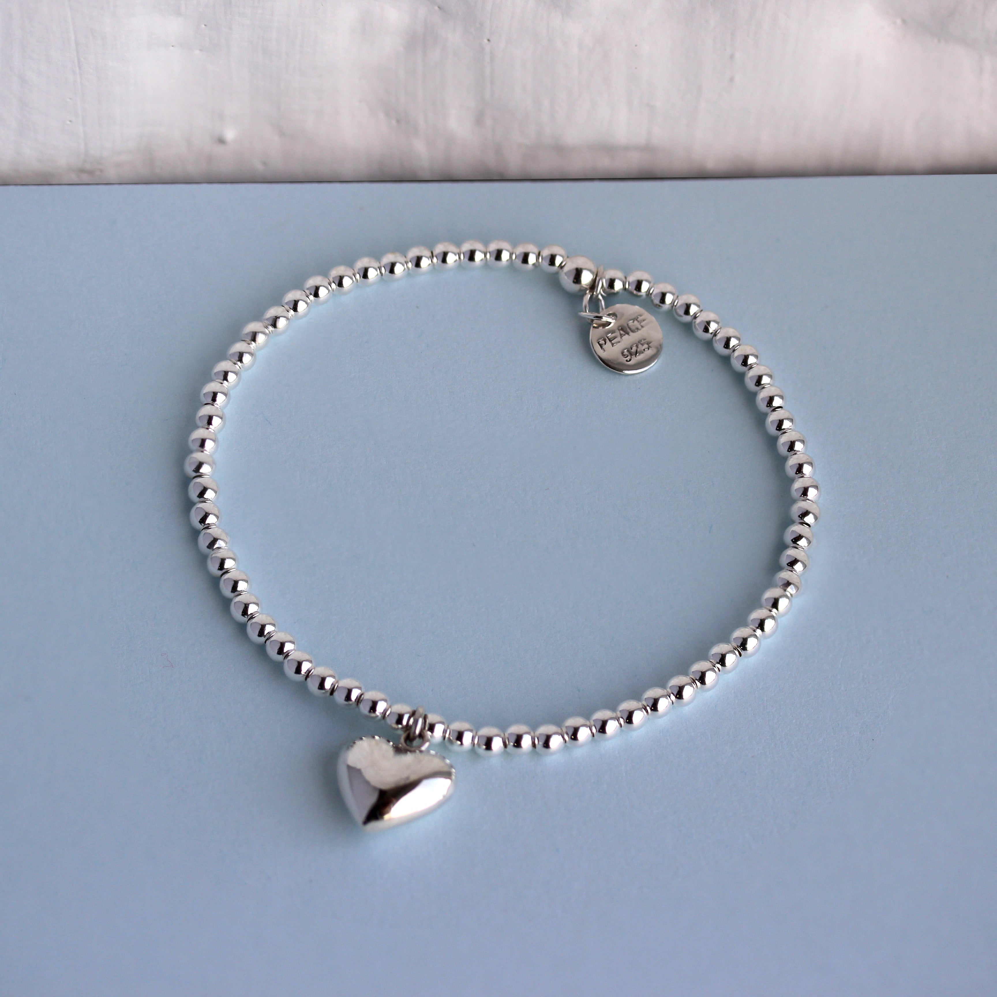 Sterling Silver Stretchy Beaded Heart Charm Bracelet
