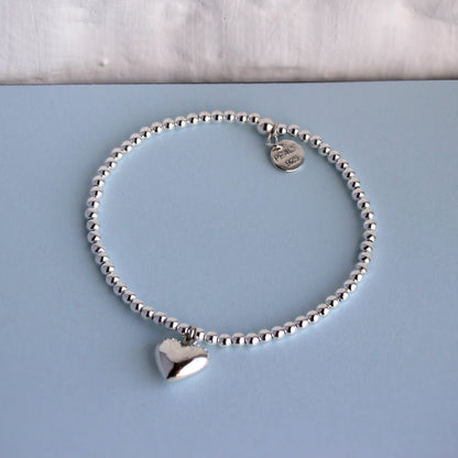 Sterling Silver Stretchy Beaded Heart Charm Bracelet