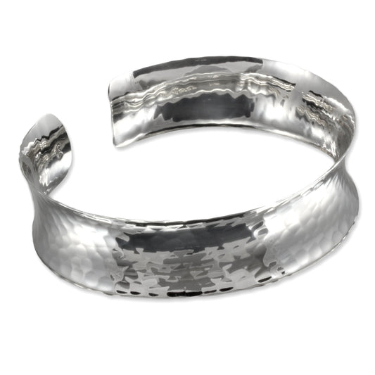 Sterling Silver Wide Hammered Finish Concave Cuff Bangle