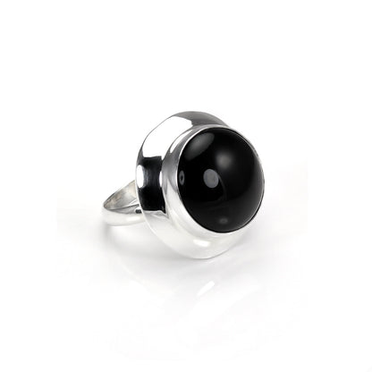 Sterling Silver Black Agate Adjustable 15mm Round Ring