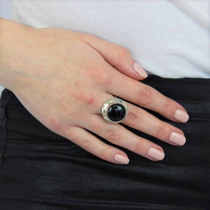 Sterling Silber Schwarzer Achat Verstellbarer 15mm Runder Ring