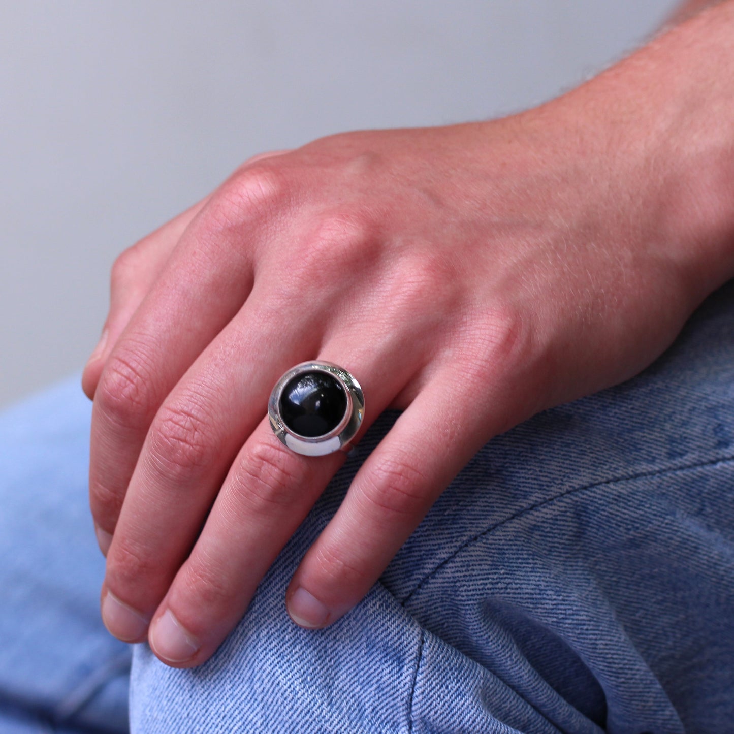 Sterling Silver Black Agate Adjustable 15mm Round Ring