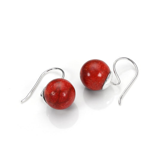 Sterling Silver Red Coral Drop Earrings