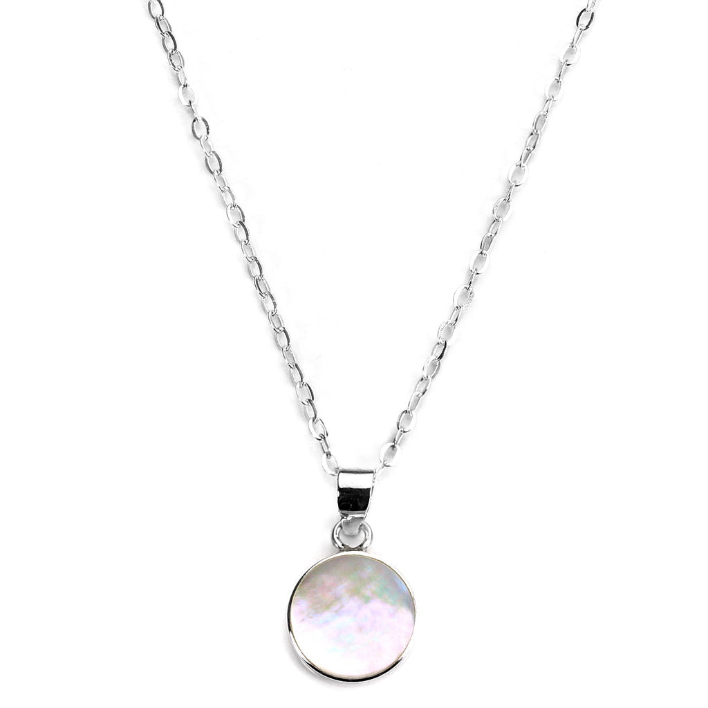 Sterling Silver & Mother of Pearl 10mm Flat Round Pendant Necklace