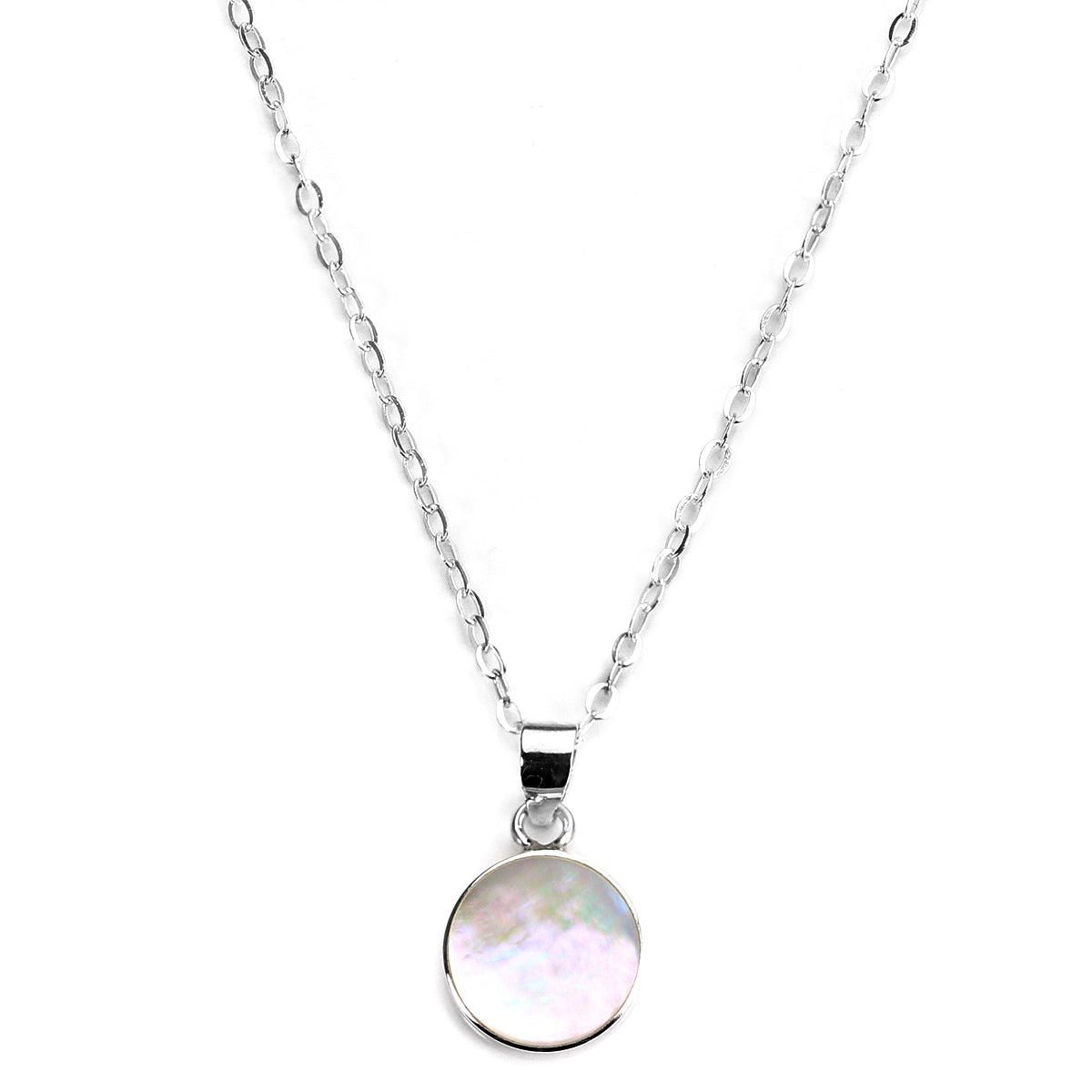 Sterling Silver & Mother of Pearl 10mm Flat Round Pendant Necklace