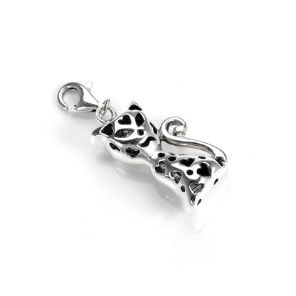 Sterling Silver Hollow Cat with Cut out Hearts Clip on Charm