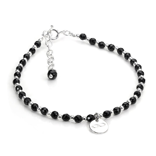 Sterling Silver & Black Agate Bead Adjustable Bracelet with Infinity Charm