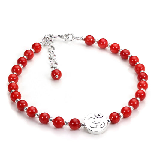 Sterling Silver & Red Coral Adjustable Bracelet with OM Charm