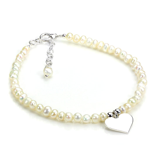 Sterling Silver & White Freshwater Pearl Adjustable Bracelet with Heart Charm
