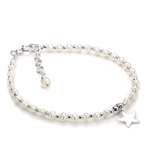 Sterling Silver & White Freshwater Pearl Bracelet with Star Charm