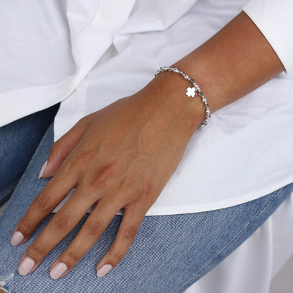 Sterling Silver and Grey Crystal Adjustable Bracelet with Shamrock Charm