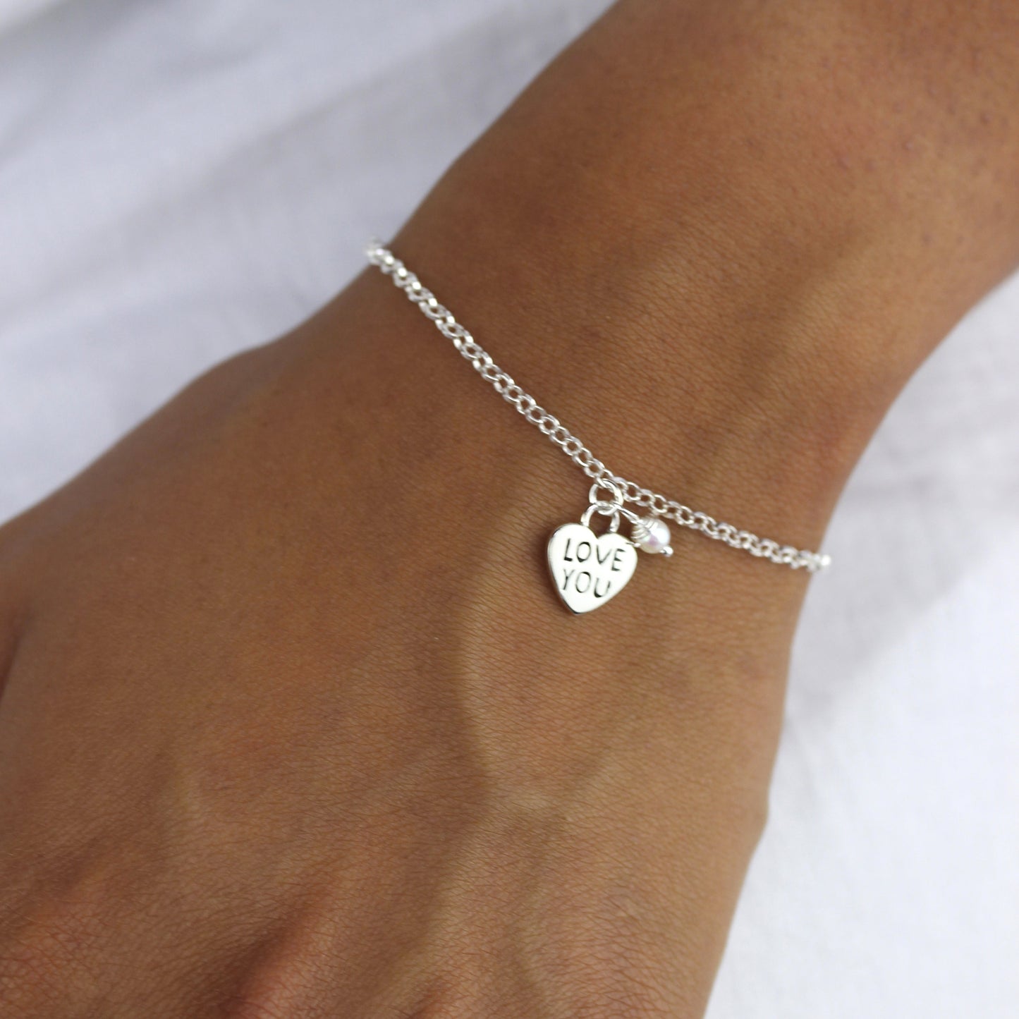 Sterling Silver Rolo Chain Bracelet with Love You Heart Charm