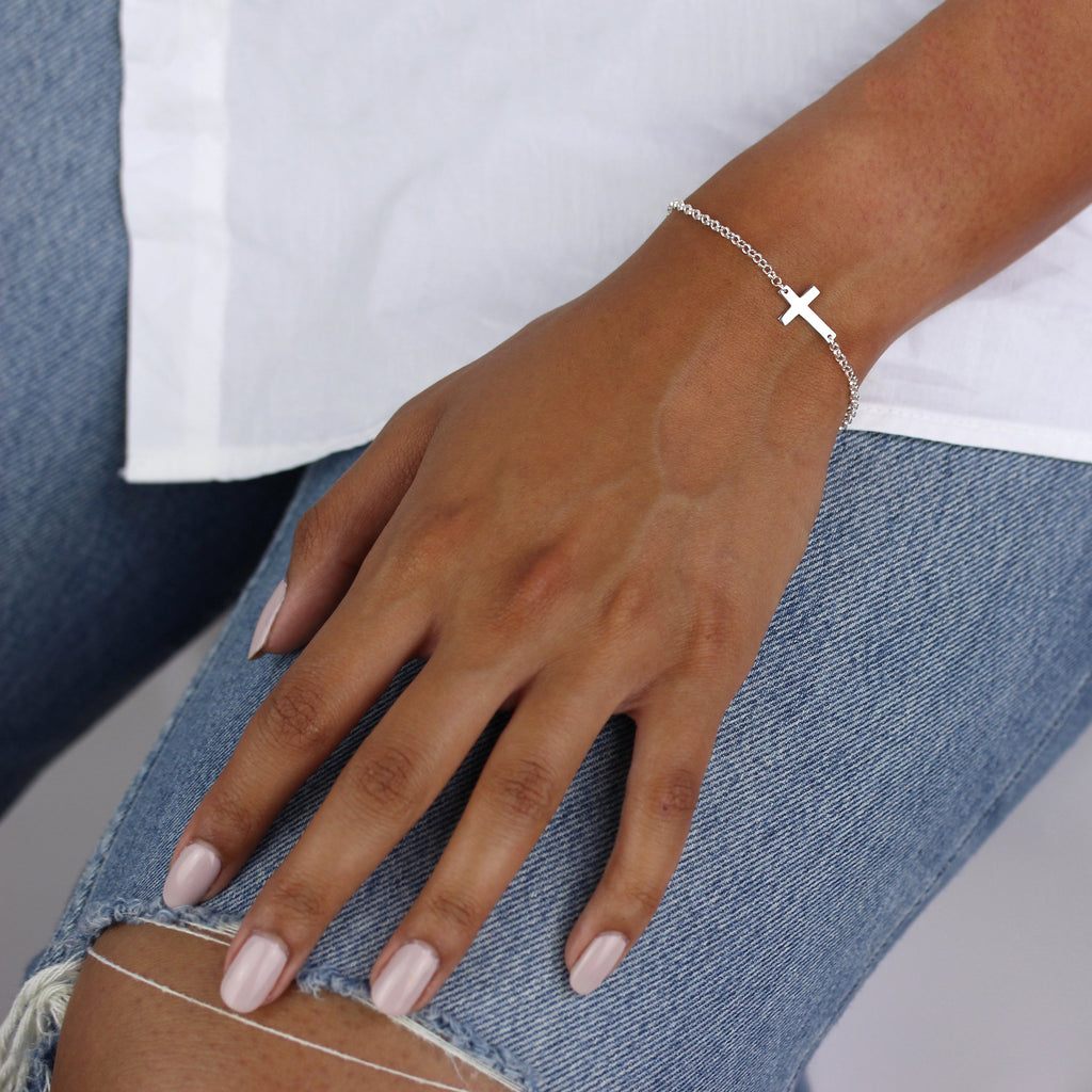 Sterling Silver Rolo Chain Adjustable Bracelet with Cross Charm