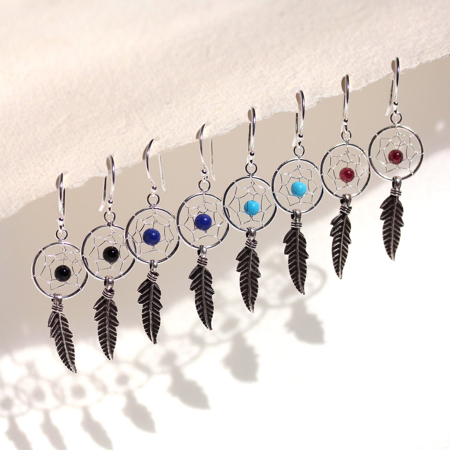 Sterling Silver Dreamcatcher Dangle Drop Earrings Agate Turquoise Garnet Lapis
