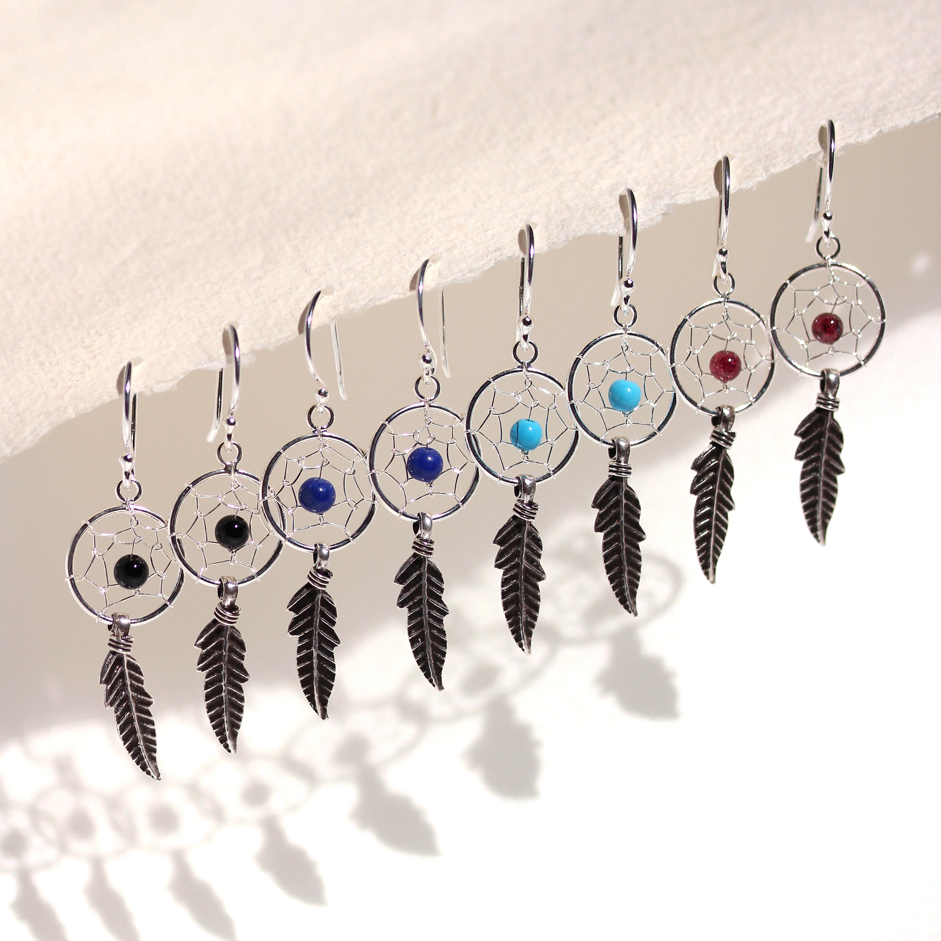 Sterling Silver Dreamcatcher Dangle Drop Earrings Agate Turquoise Garnet Lapis