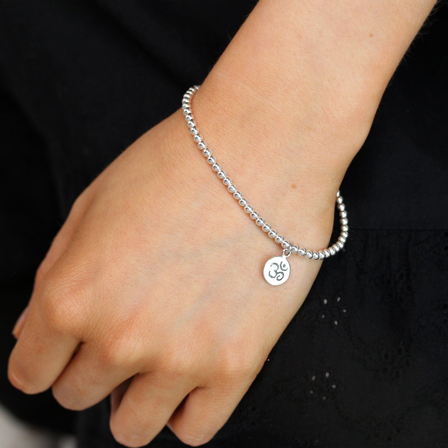 Sterling Silver Hindu Om Symbol Stretchy Bead Bracelet