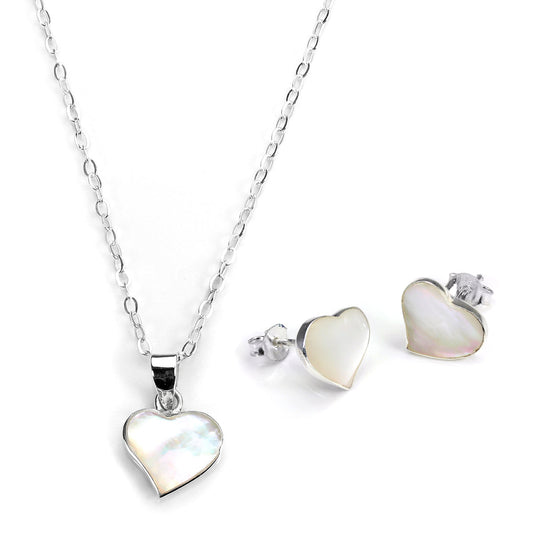 Sterling Silver & Mother of Pearl Heart Earrings & Pendant Set