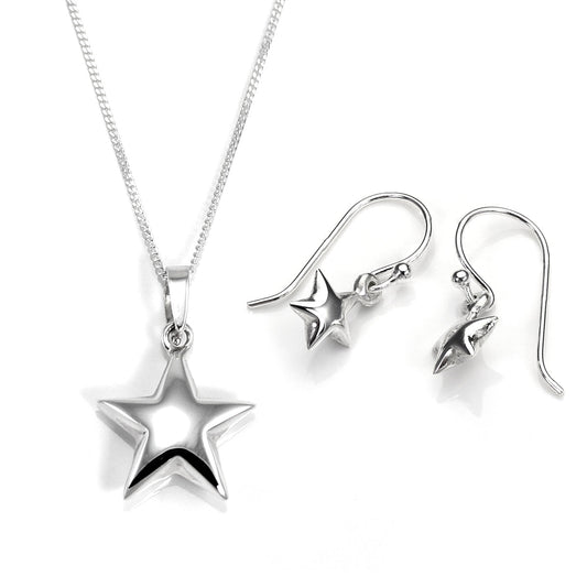 Sterling Silver Puffed Star Pendant & Earring Set
