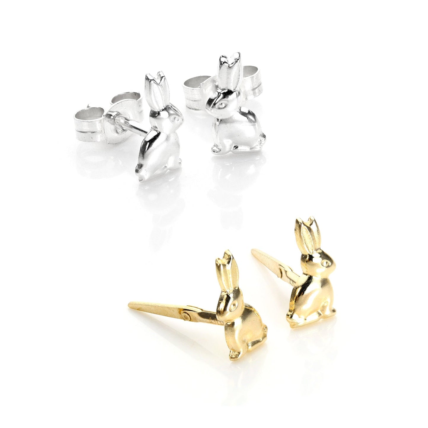 Sterling Silver & 9ct Gold Bunny Rabbit Stud Earrings Set