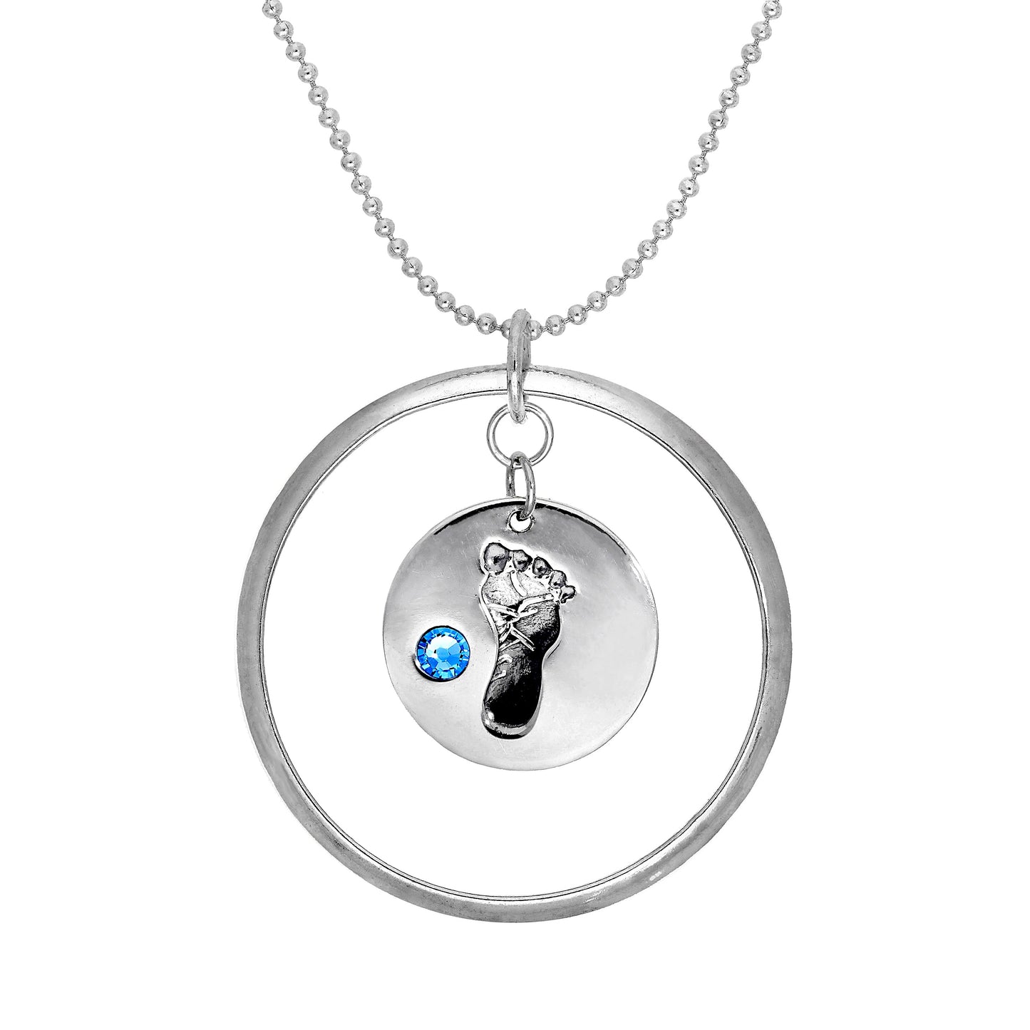 Sterling Silver Karma Moments Pendant with Birthstone Baby Footprint Charm on Bead Chain Necklace