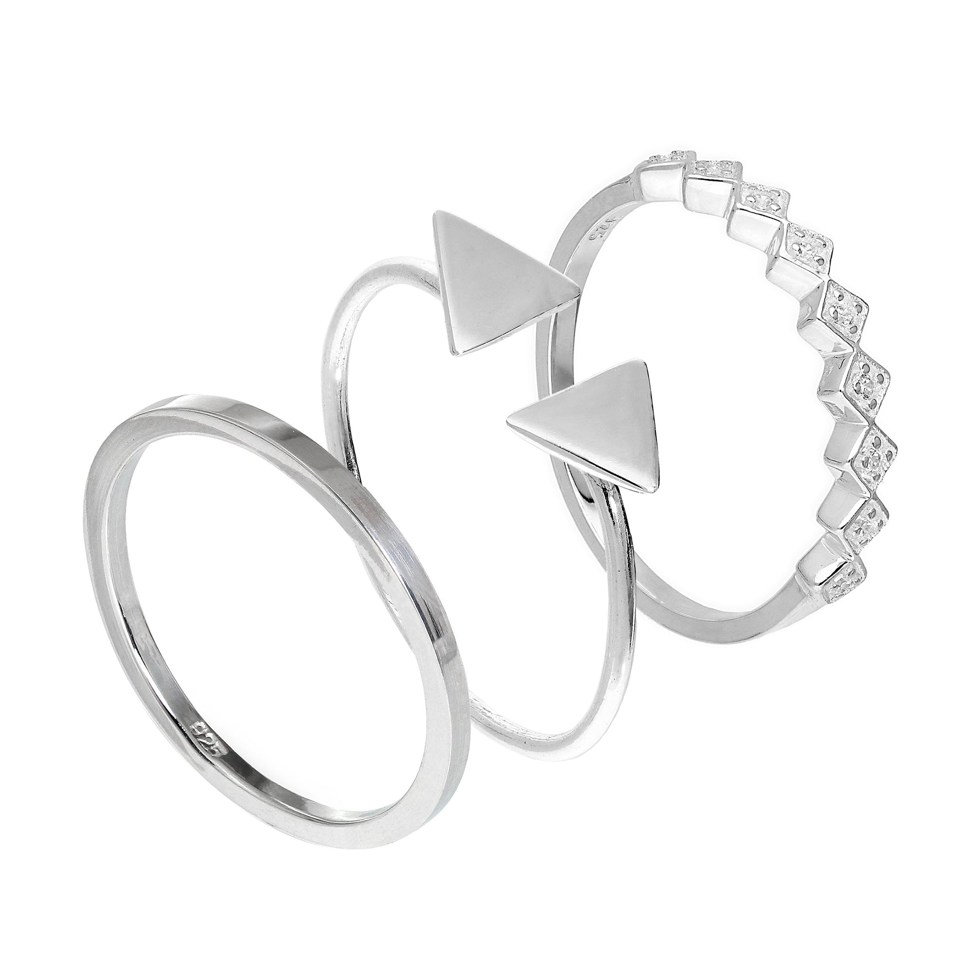 Sterling Silver Triangle CZ Square Geometric Stacking Rings Set