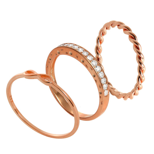 Rose Gold Plated Sterling Silver Infinity Twisted CZ Stacking Rings Set