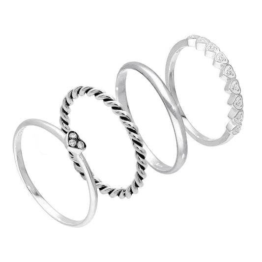 Sterling Silver CZ Love Hearts Twisted Plain Stacking Rings Set
