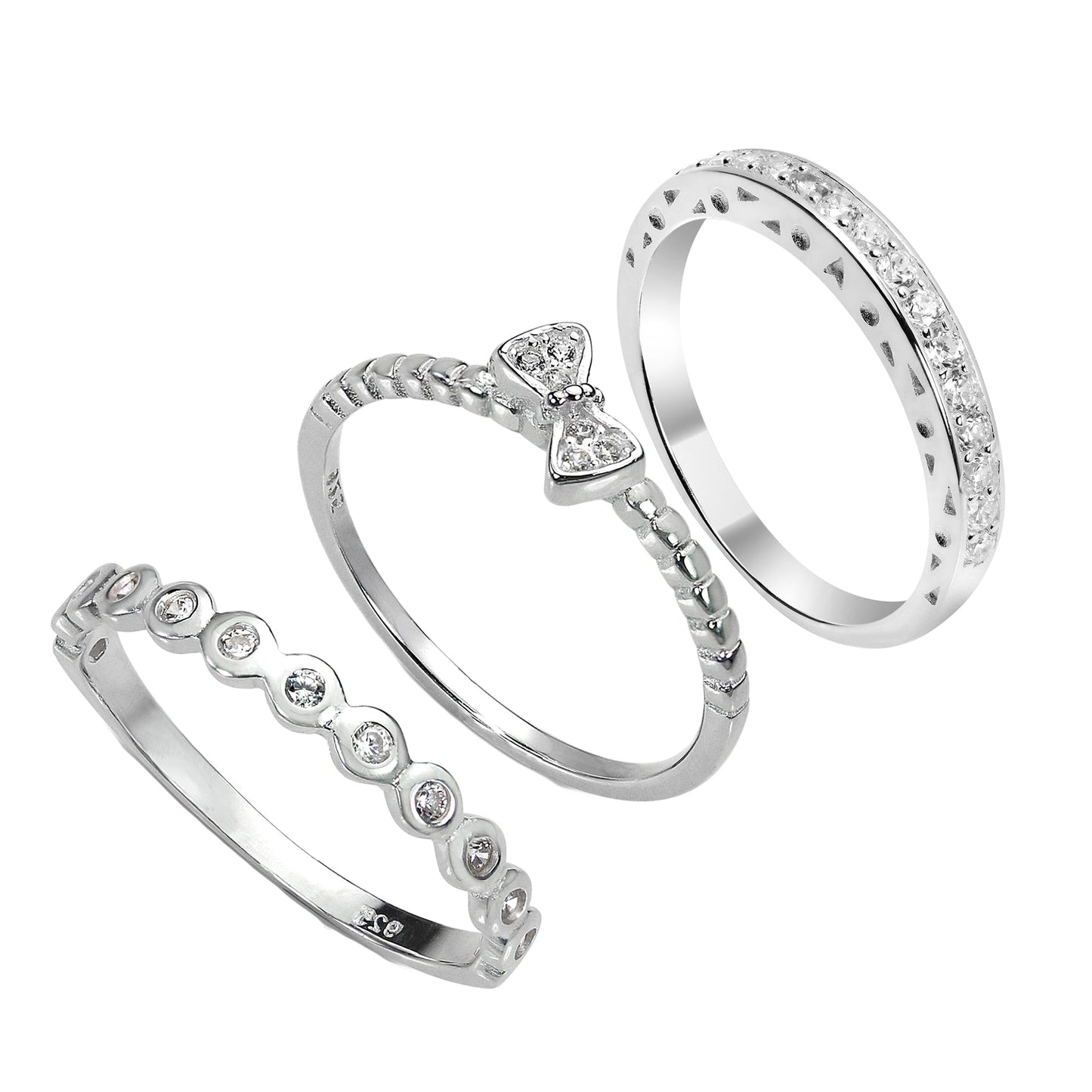 Sterling Silver CZ Bow & Eternity Stacking Rings Set