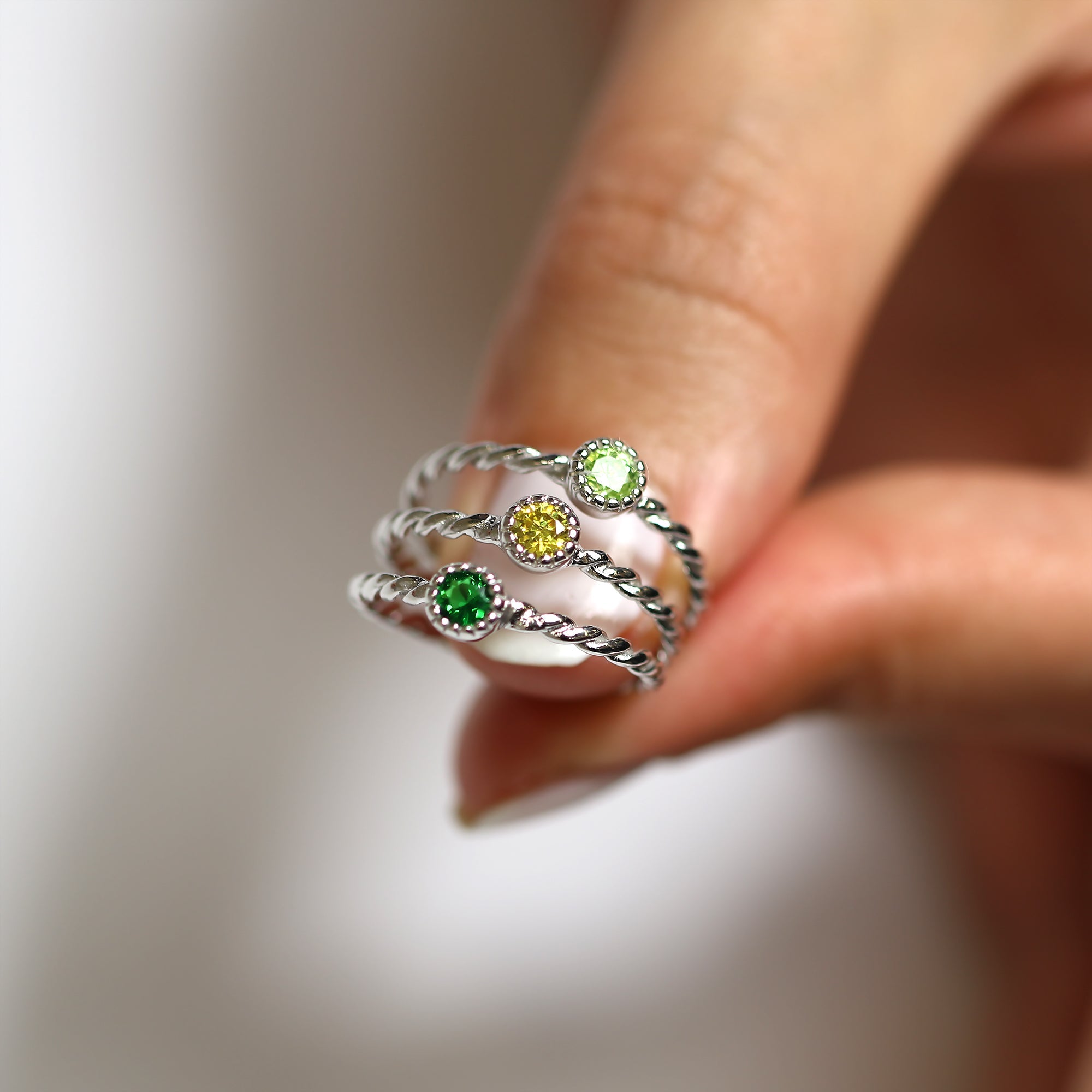 Sterling Silver Green Twisted CZ Stacking Rings Set