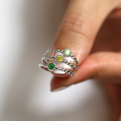 Sterling Silver Green Twisted CZ Stacking Rings Set