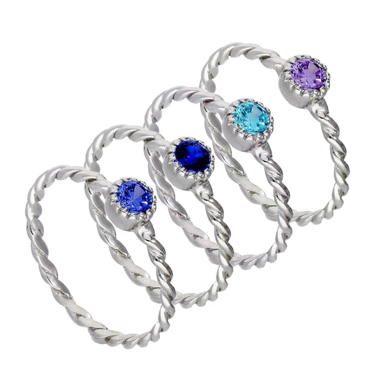 Sterling Silver Purple & Blue Twisted CZ Stacking Rings Set