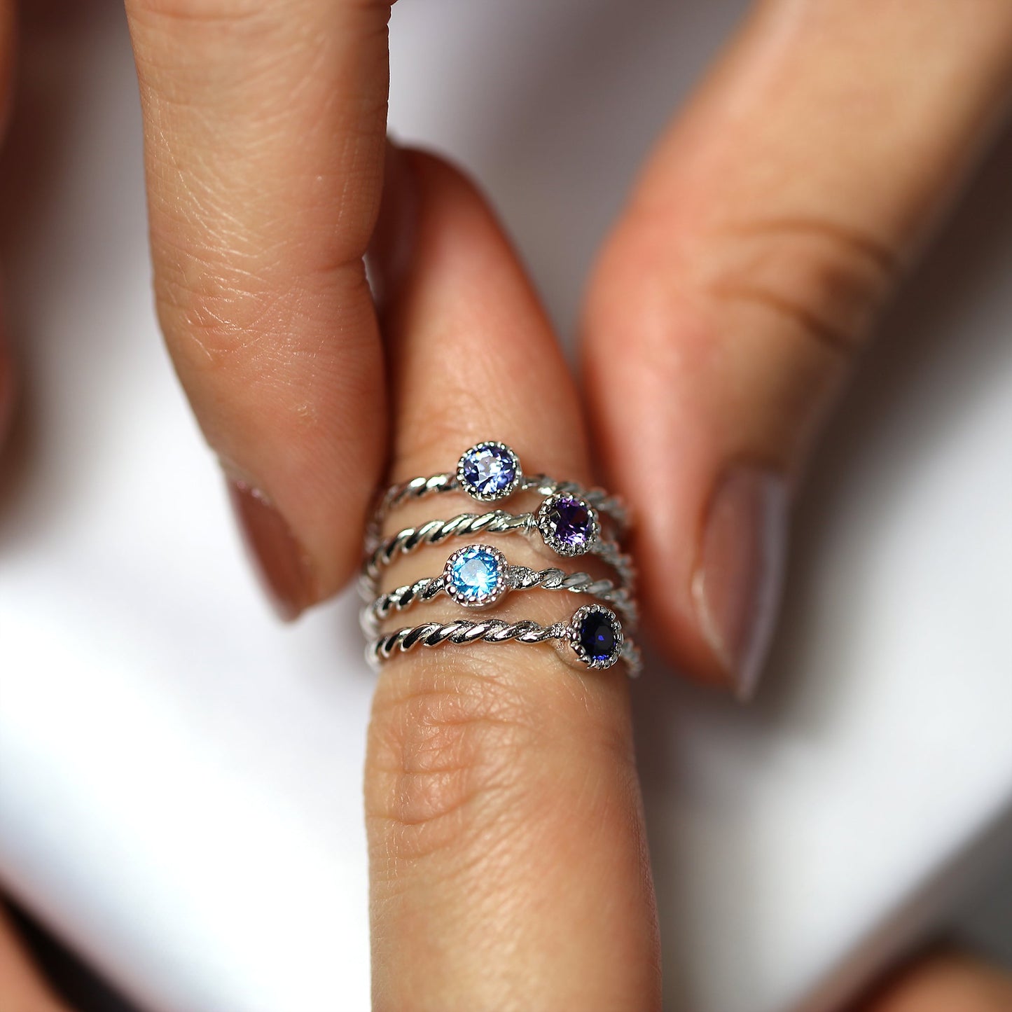 Sterling Silver Purple & Blue Twisted CZ Stacking Rings Set