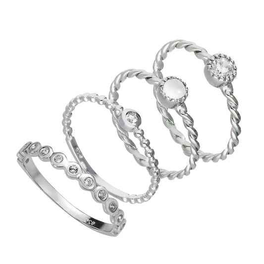 Sterling Silver Clear Twisted & Beaded CZ Stacking Rings Set