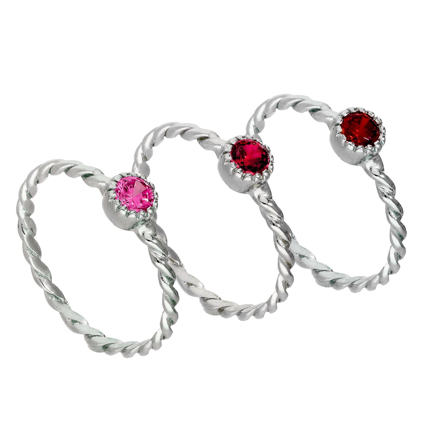 Sterling Silver Pink Twisted CZ Stacking Rings Set