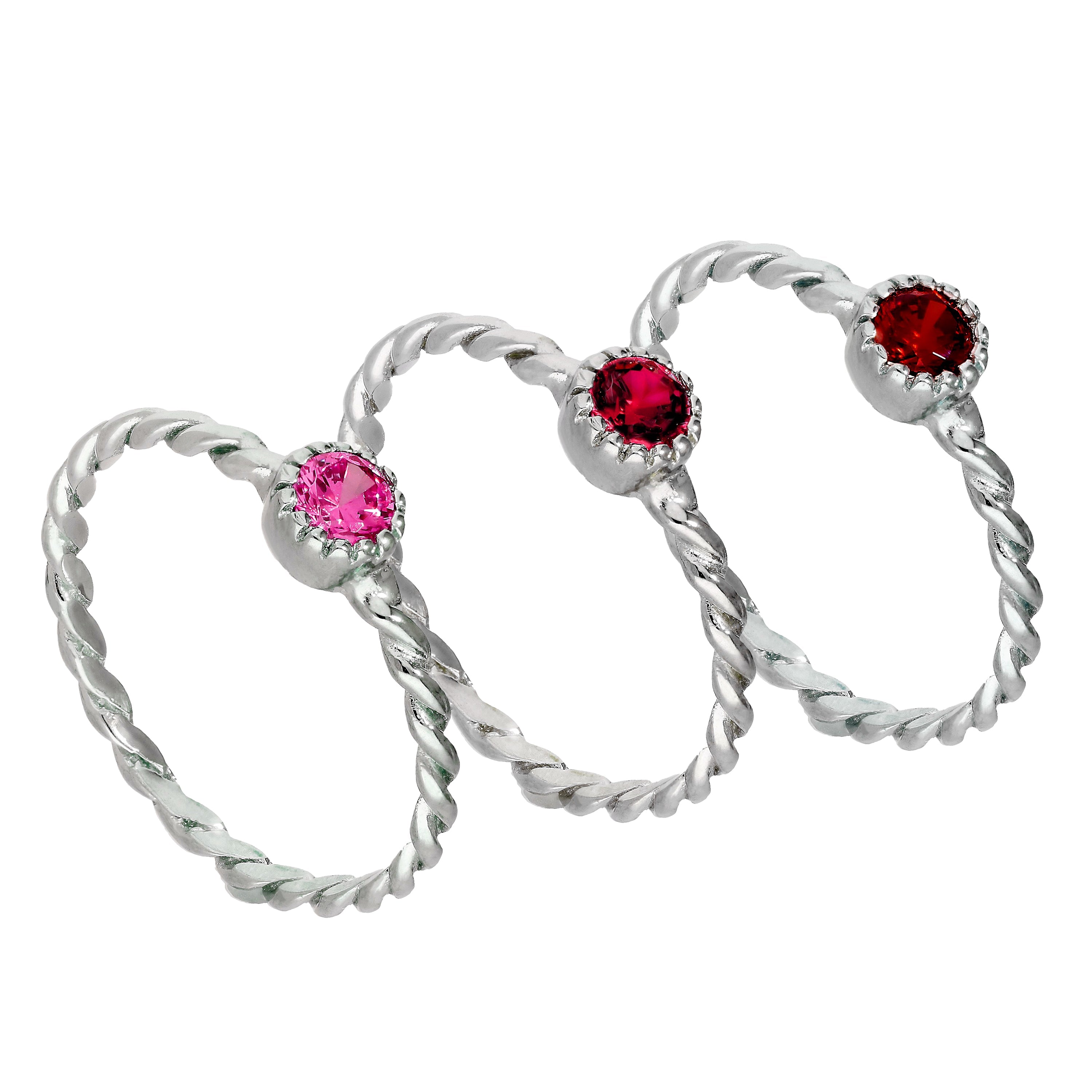 Sterling Silver Pink Twisted CZ Stacking Rings Set | jewellerybox