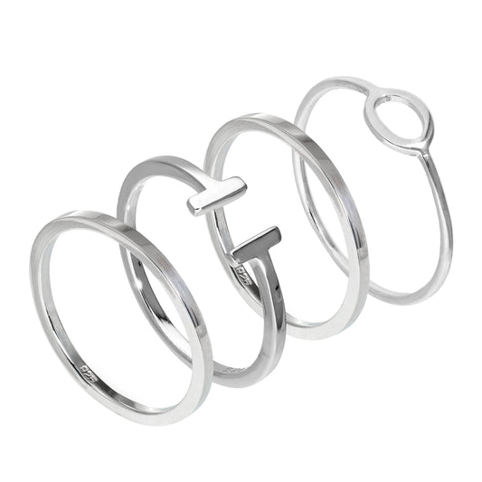 Sterling Silver Geometric Oval & Bar Plain Stacking Rings Set