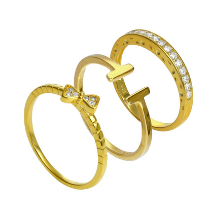 Gold Plated Sterling Silver Bar & CZ Eternity Stacking Ring Set