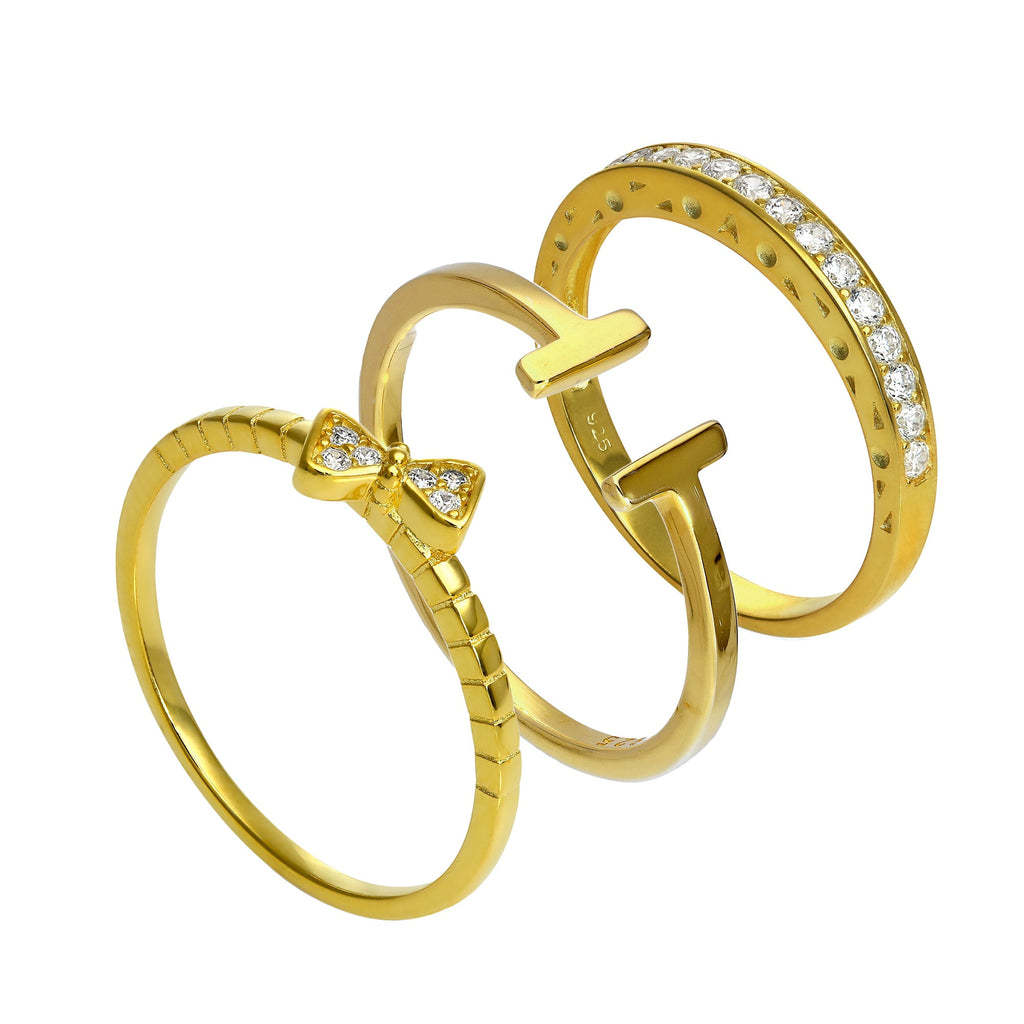 Gold Plated Sterling Silver Bar & CZ Eternity Stacking Ring Set