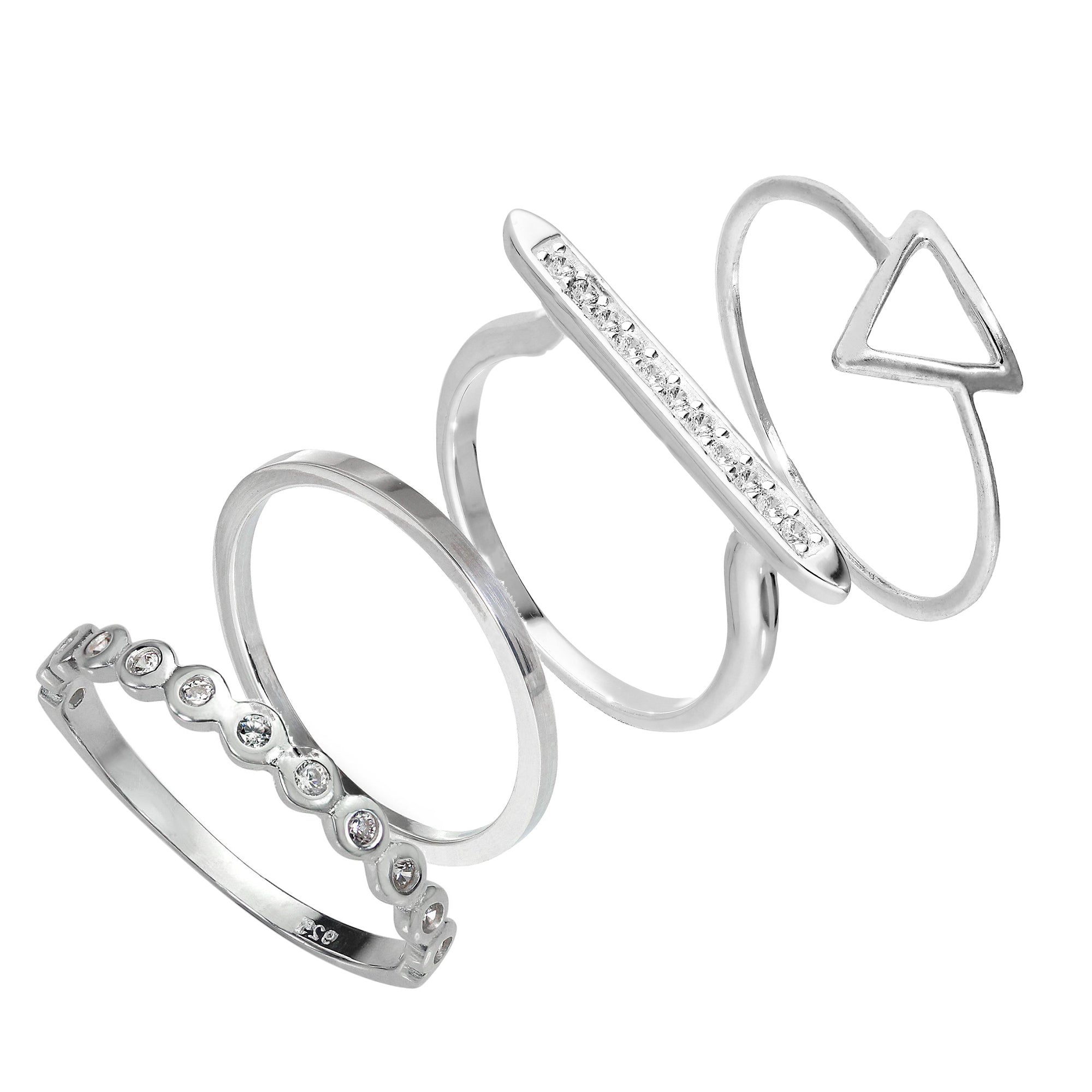 Sterling Silver Triangle & Bar Geometric CZ Stacking Rings Set ...