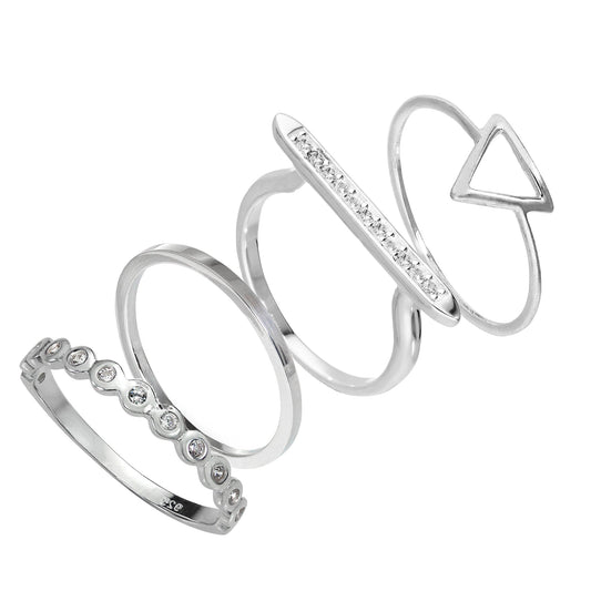 Sterling Silver Triangle & Bar Geometric CZ Stacking Rings Set